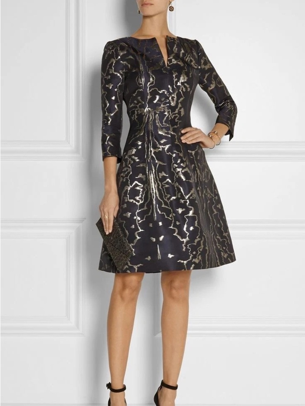 NWOT  Oscar de la Renta Blue Gold Metallic A-Line Dress Size 12